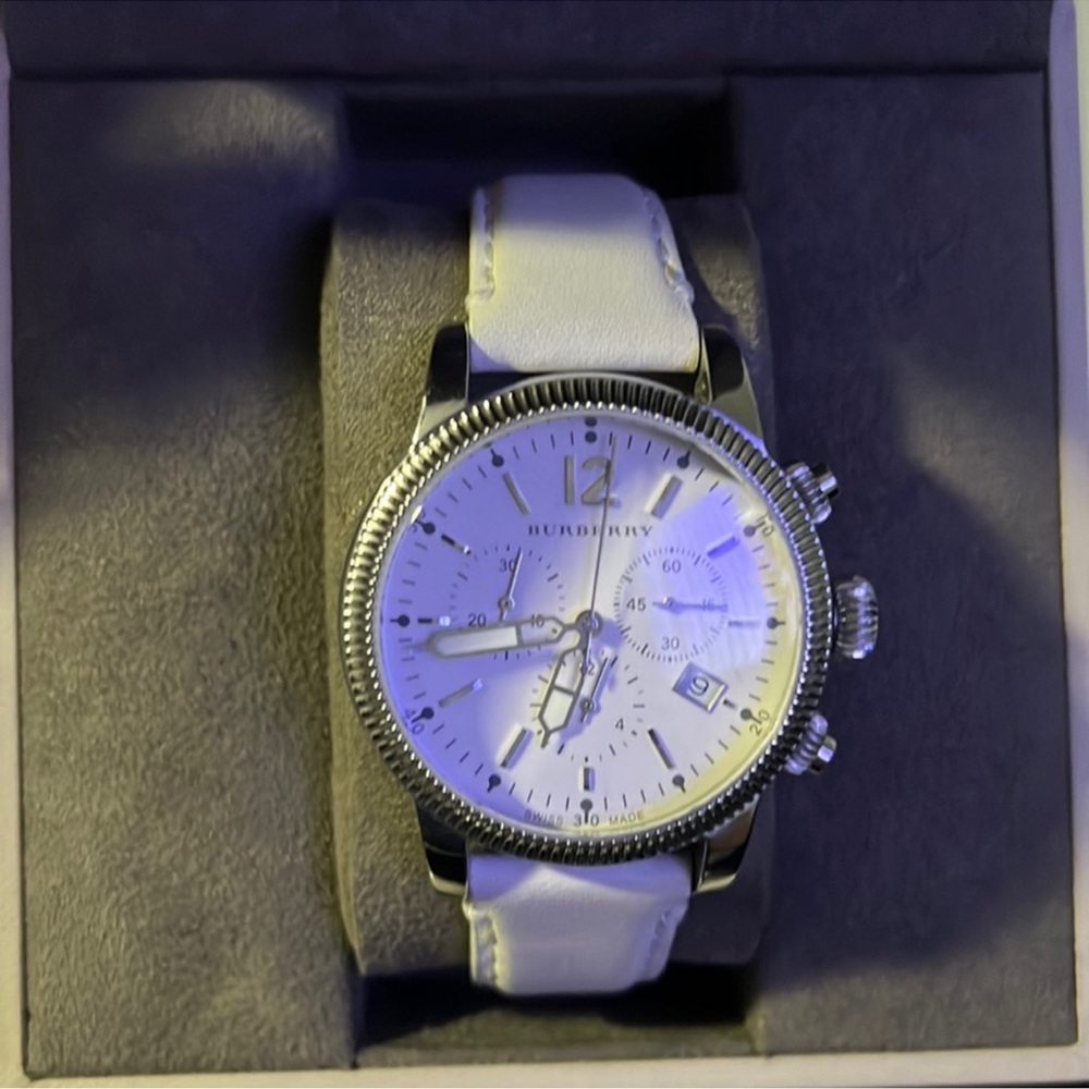 Burberry Silver and White Chronograph Watch